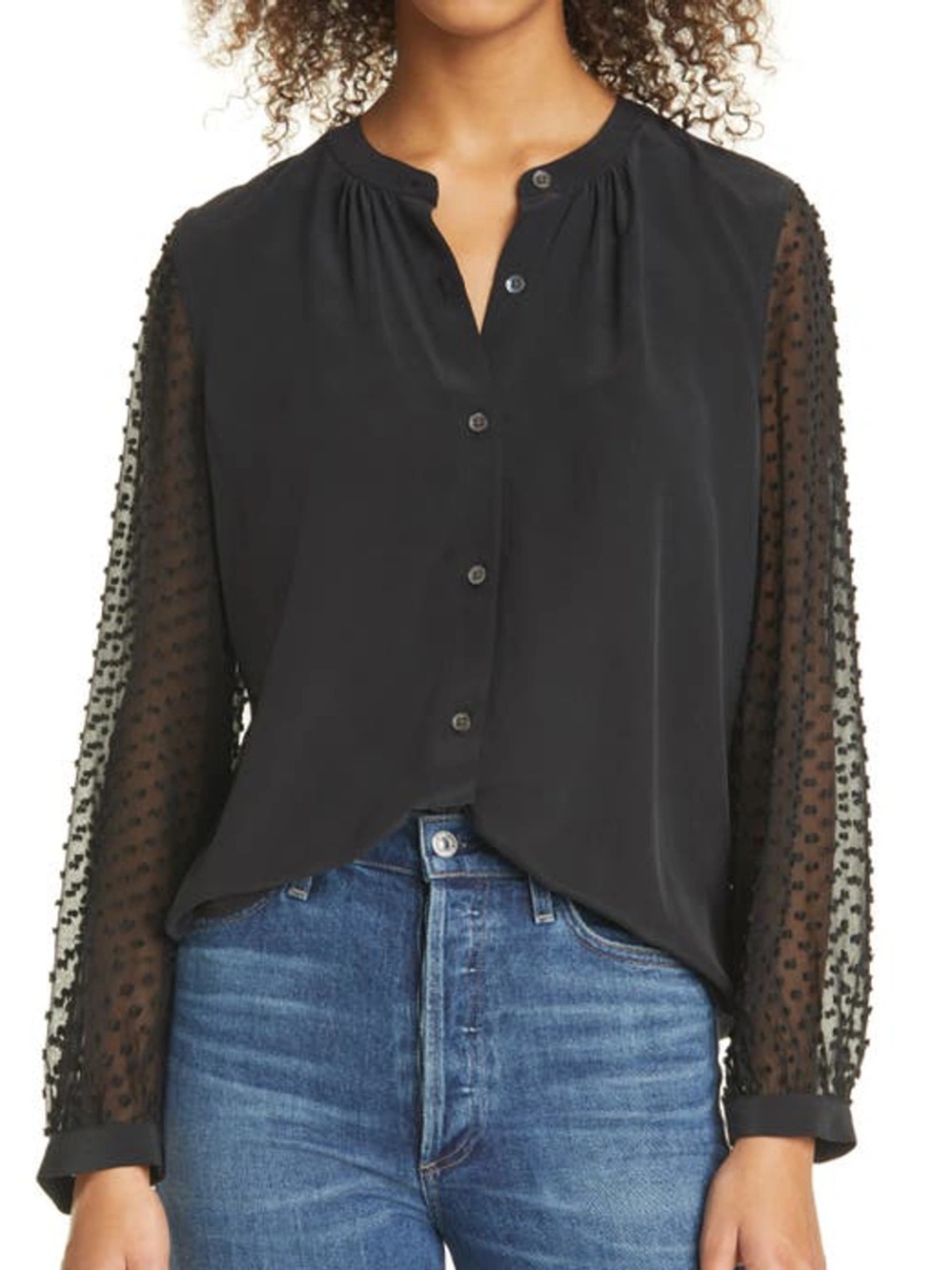 Rails Camilla 100% Silk Swiss Dot Sheer Sleeve Button Down Top Size Medium